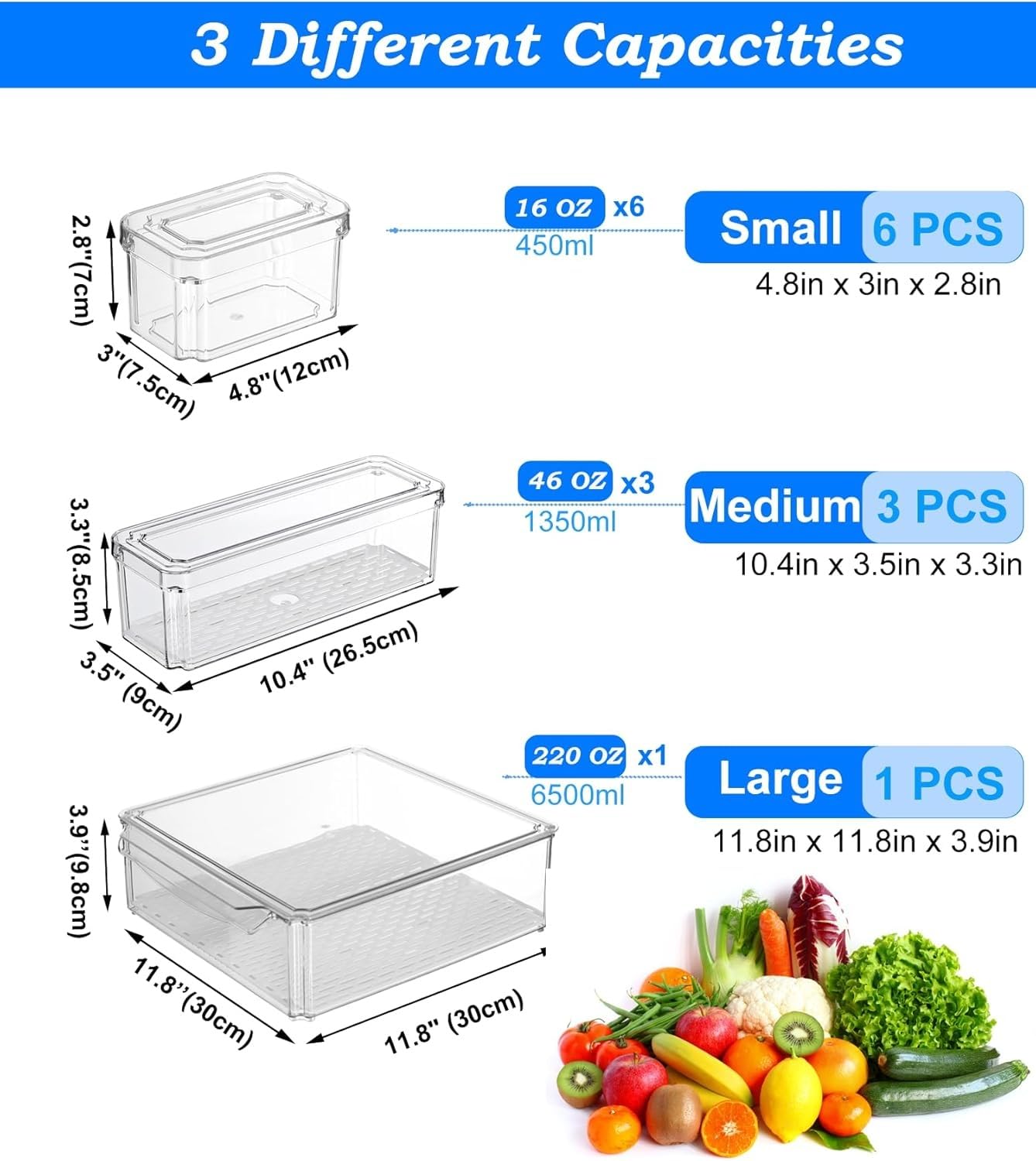 Pure Future 10-Pack Clear Fridge Organizer Containers with Lids, Stackable BPA-Free Refrigerator & Produce Storage Containers with Drain Tray & Anti-Slip Base for Fruits, Veggies & Drinks