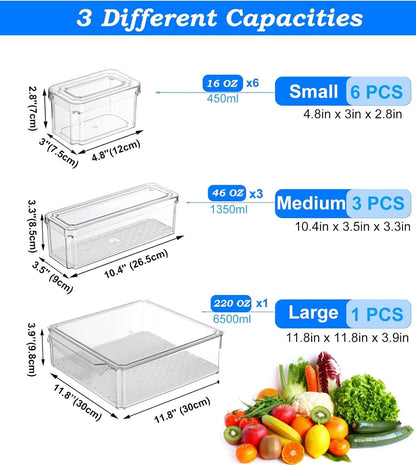 Pure Future 10-Pack Clear Fridge Organizer Containers with Lids, Stackable BPA-Free Refrigerator & Produce Storage Containers with Drain Tray & Anti-Slip Base for Fruits, Veggies & Drinks