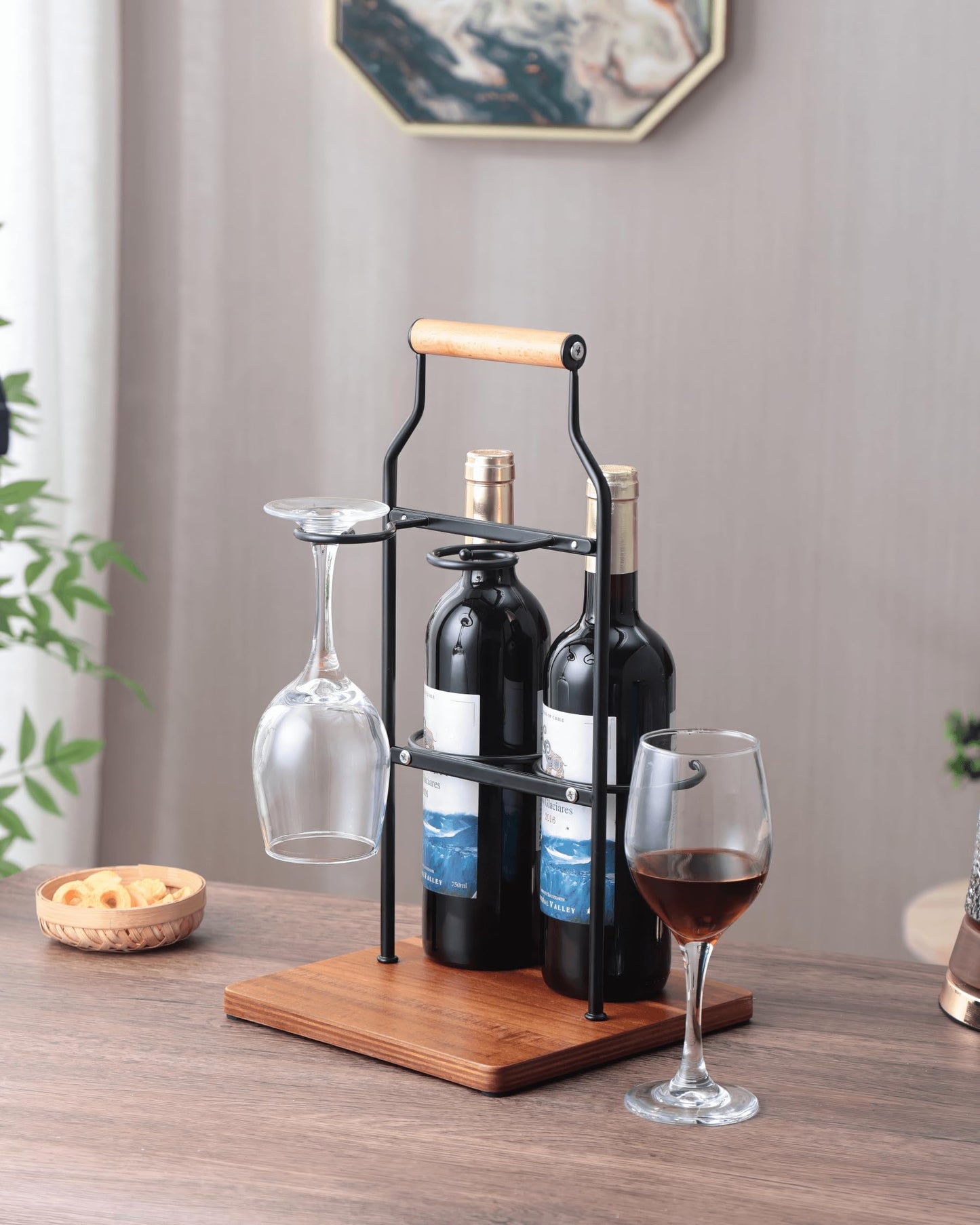 Ouseen Countertop Wine Rack and Glass Holder | Portable Wine Caddy Holds 2 Bottles & 2 Glasses | Small Wine Rack with Wood Base, Perfect for Tabletop Wine Storage & Home Bar Decor (Black)