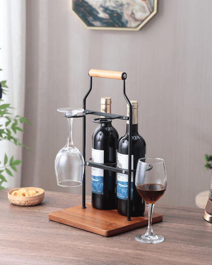 Ouseen Countertop Wine Rack and Glass Holder | Portable Wine Caddy Holds 2 Bottles & 2 Glasses | Small Wine Rack with Wood Base, Perfect for Tabletop Wine Storage & Home Bar Decor (Black)