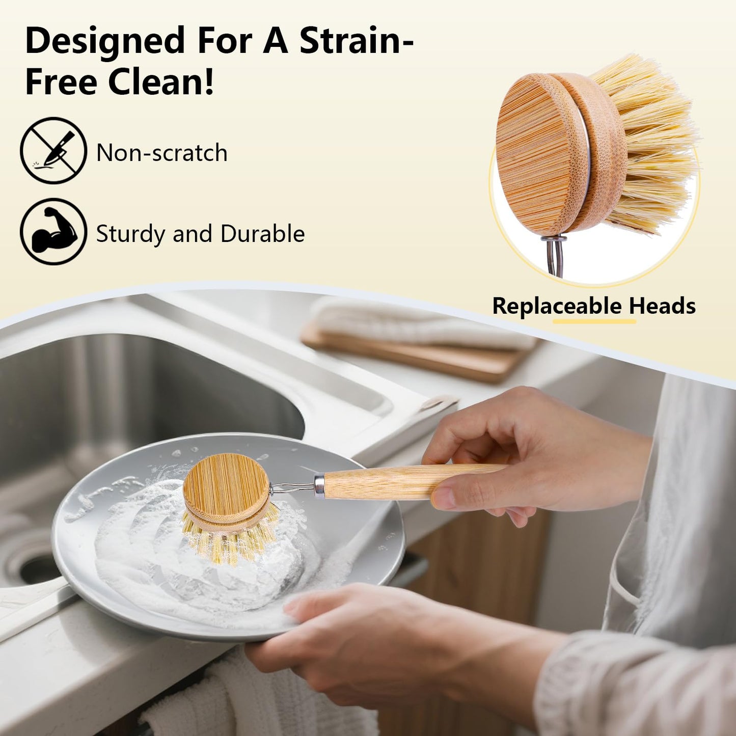 BONUMVITA 5 Pack Bamboo Dish Brush Set, Wooden Dish Brush with 14’’ Bottle Brush, Natural Kitchen Scrub Brush for Dishes Pots, Pans, Sinks, Woks, Vegetables