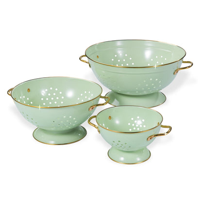 Metal Colander Set of 3, Strainer Basket with Handles perfect for Spaghetti, Pasta, Berry, Vegetable, Fruit, Solid Base Powder Coated Kitchen Essential Strainer Set, 1 & 3.5 & 5 Qt (Green)