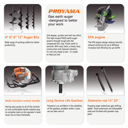 PROYAMA 54cc Post Hole Digger Gas Powered 2 Cycle Earth Auger, 5-Year Warranty Gear Box, 4 Drill Bits 4" 6" 8" 12" + Extension Rod 12" 20"