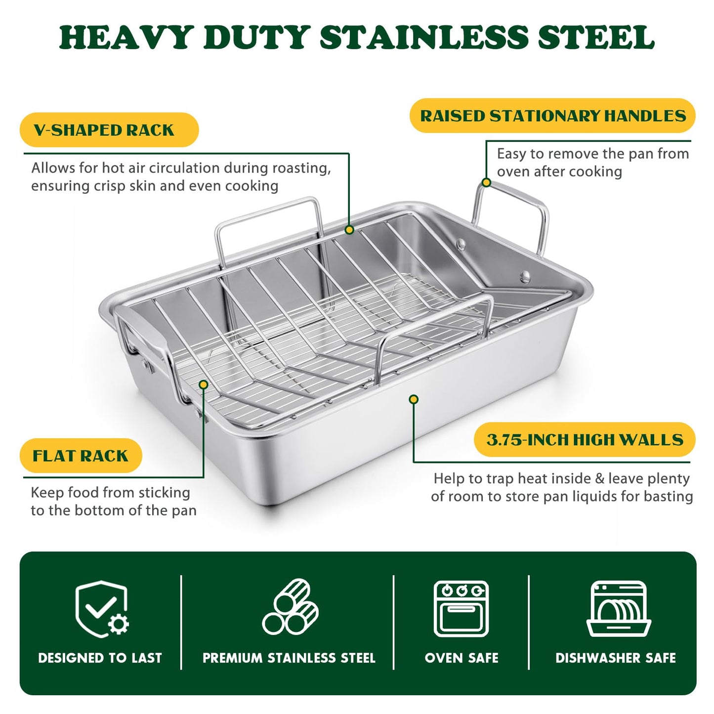 E-far Roasting Pan, 16 x 11.5 Inch Stainless Steel Turkey Roaster with V-shaped & Flat Rack, Non-toxic & Heavy Duty Deep Broiling Pan, Dishwasher Safe - Large