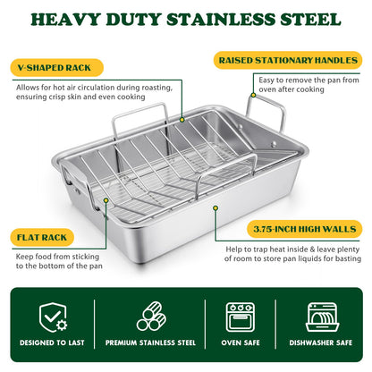 E-far Roasting Pan, 16 x 11.5 Inch Stainless Steel Turkey Roaster with V-shaped & Flat Rack, Non-toxic & Heavy Duty Deep Broiling Pan, Dishwasher Safe - Large
