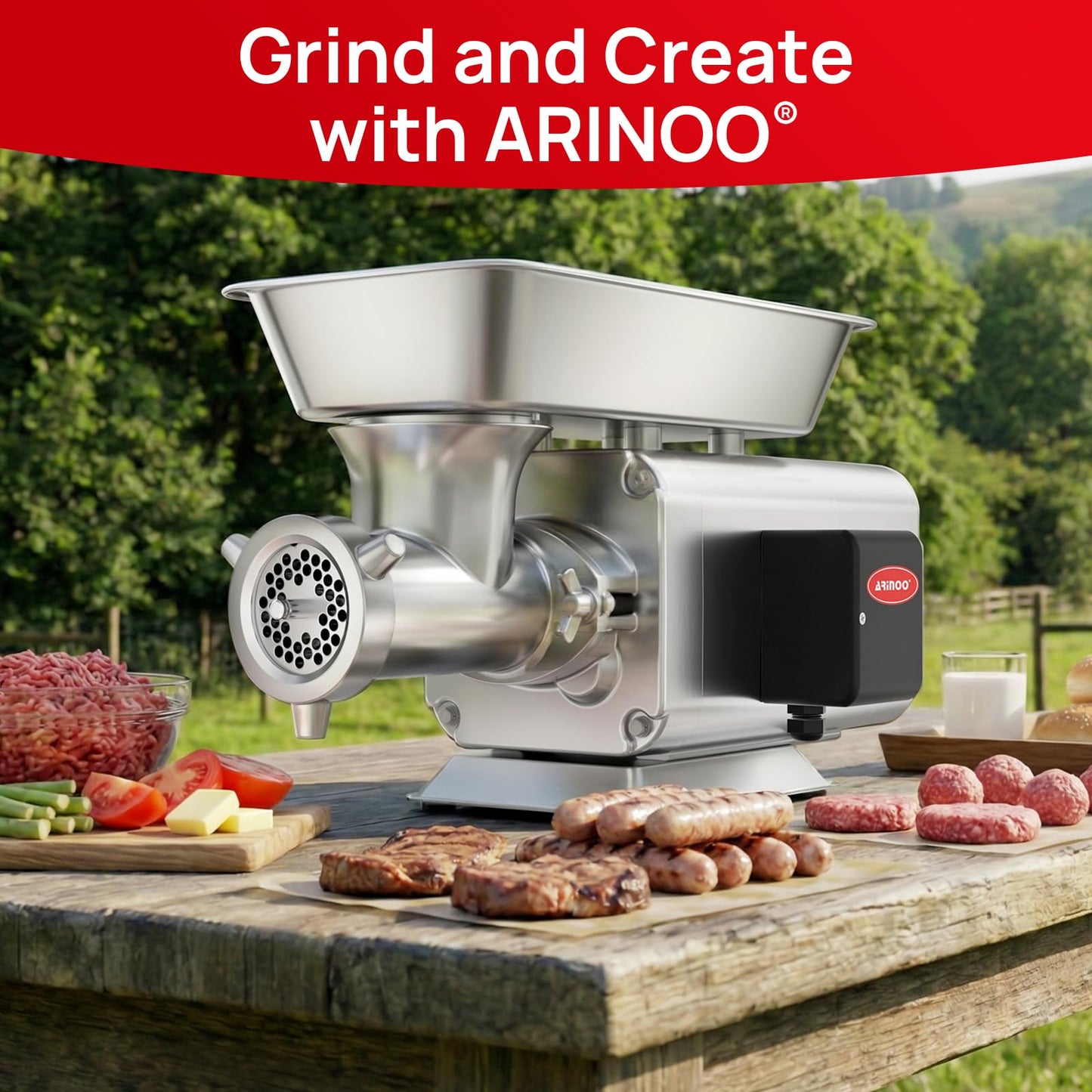 ARINOO Electric Meat Grinder, Grinds Chicken Bones, 1.5 HP Heavy Duty Stainless Steel Commercial #12 Meat Mincer Machine with 2 Plates, 2 Blades and 3 Sausage Tubes for Home Use, 7 Lbs/Min