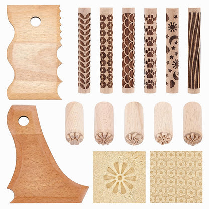 UNICRAFTALE 13Pcs 13 Styles Clay Pottery Tools Kit with 6 Clay Texture Rollers 5 Clays Stamps 2 Foot Shaper Tools Pottery Ribs Trimming Tool for DIY Handmade Clays Molding Sculpting Ceramics