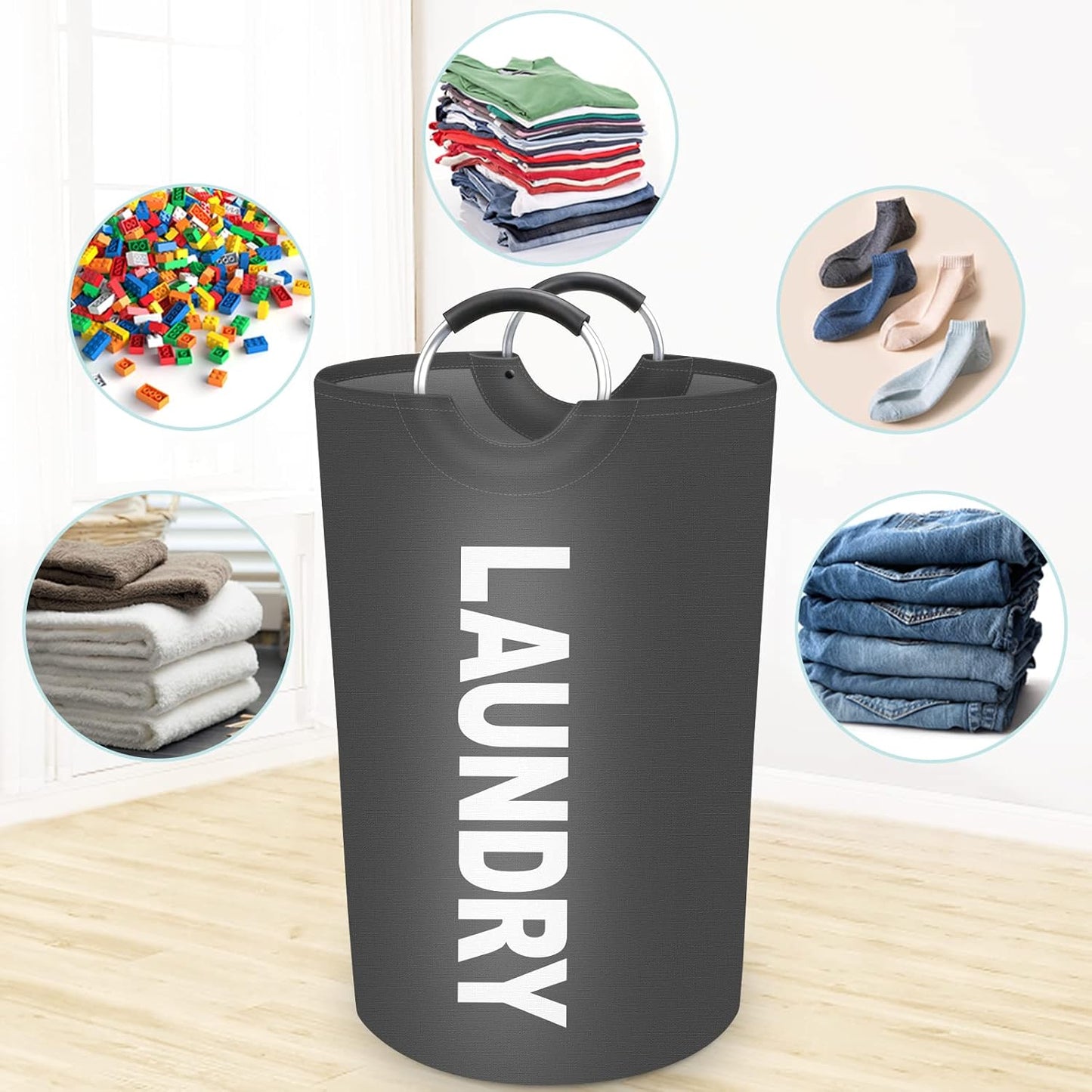 StorageRight 115L Large Laundry Basket, Collapsible Waterproof Hamper with Foam Protected Aluminum Handles (Grey)