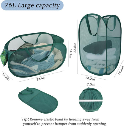 Collapsible Laundry Basket 2 Pack, Green Mesh Pop Up Hampers with Handles, Large Portable Travel Laundry Bag