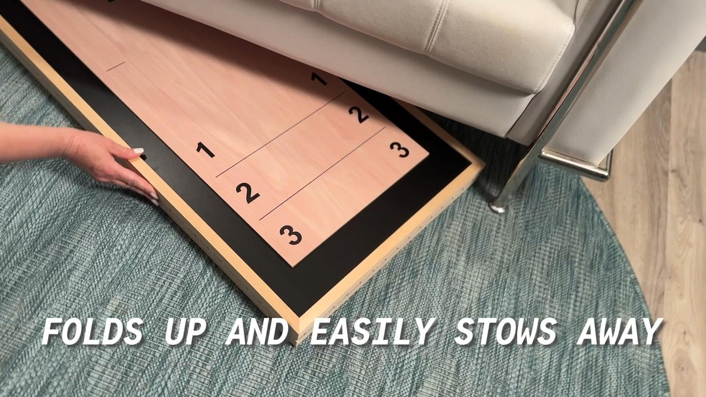 6-Foot Premium Shuffleboard Table w/LED Lights & Folding Legs - Wood Grain Edition