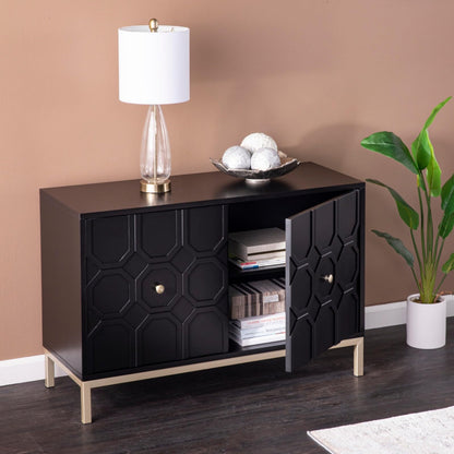 Hassyee Modern Design Two Carved Door Accent Cabinet with Metal Base, Space Saving Floor Display Cabinet for Stemware, Board Games, or Movie Collection