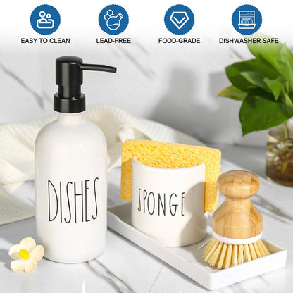 ALPIRIRAL Dish Soap Dispenser for Kitchen, Ceramic Dish Soap Dispenser with Sponge Holder, White Dispenser Set with Tray, 3 in 1 Countertop Sink Organizer, Farmhouse Modern Kitchen Decor