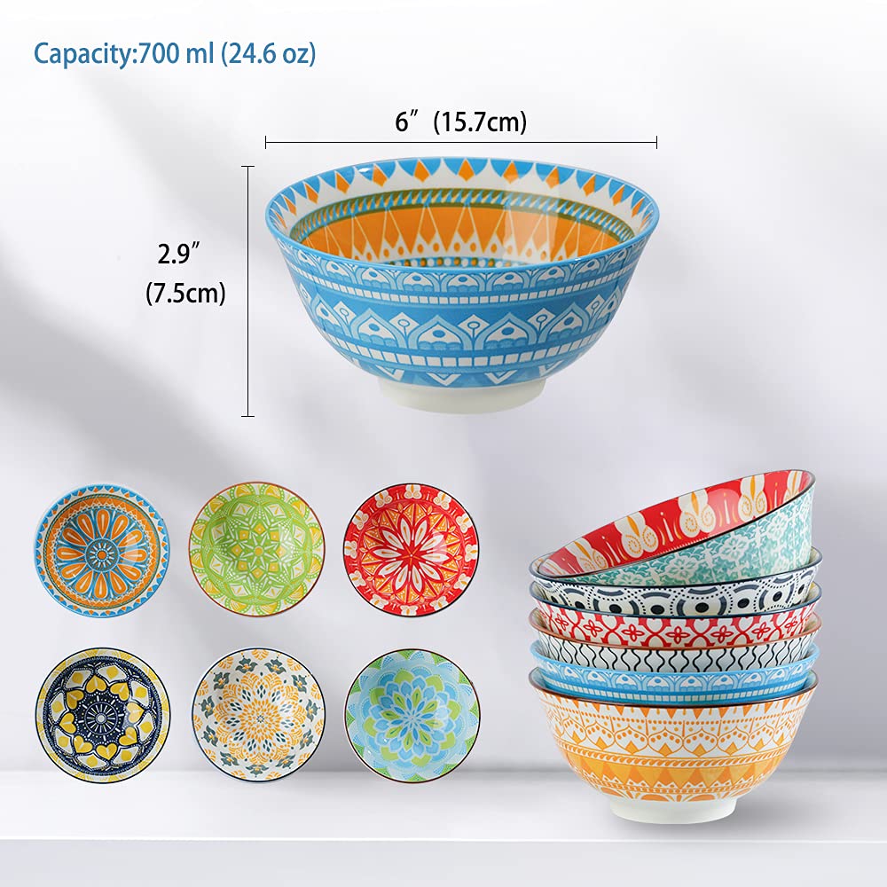 Cereal Bowls Porcelain 23 oz - Salad Soup Bowl Colorful 6.25" - Deep Bowls for Serving Ramen | Noodle | Pasta | Pho | Oatmeal - Microwave and Dishwasher Safe - Set of 6