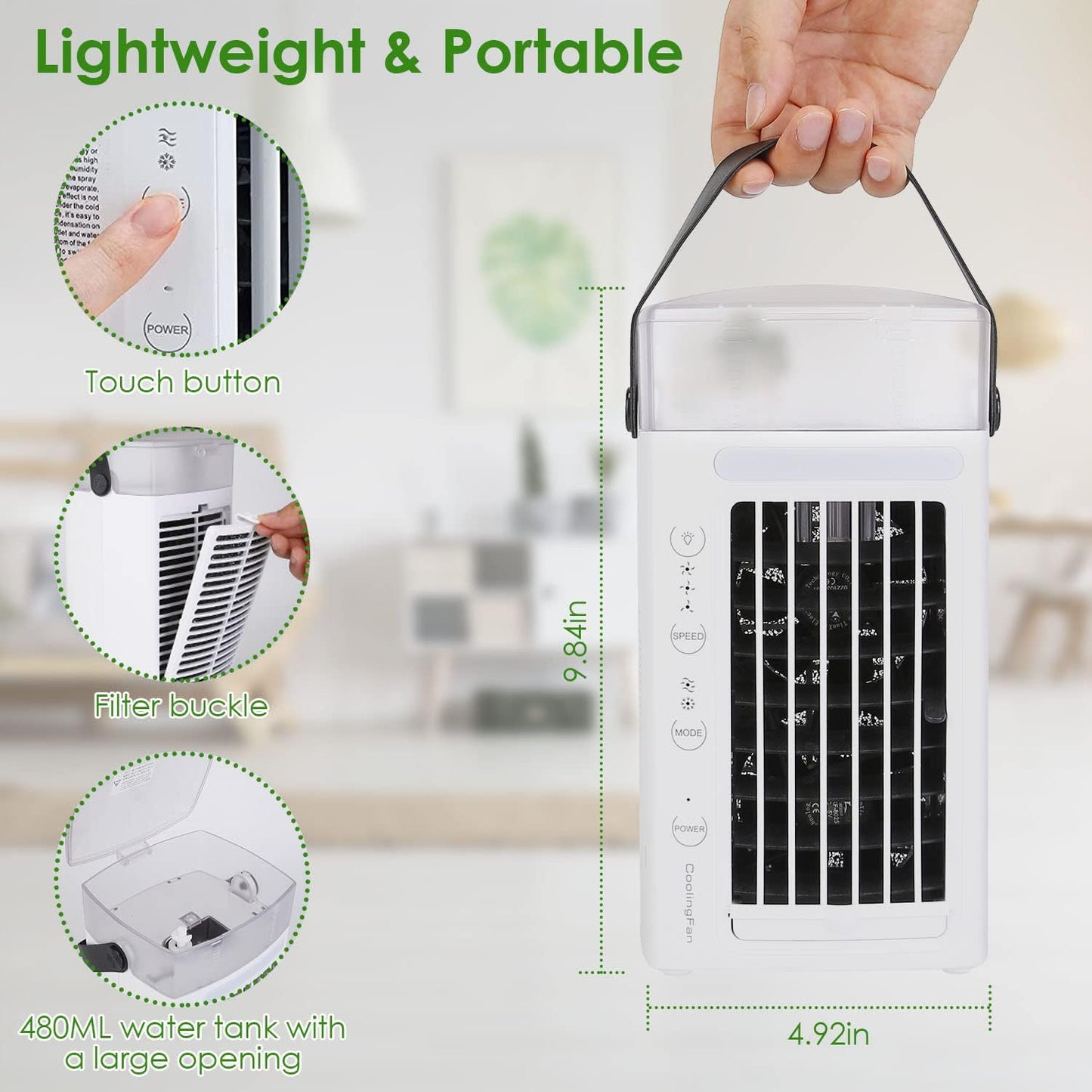 Portable Air Conditioners, Evaporative Cooler with Water Mist, USB Powered Mini Fan for Bedroom Office Home