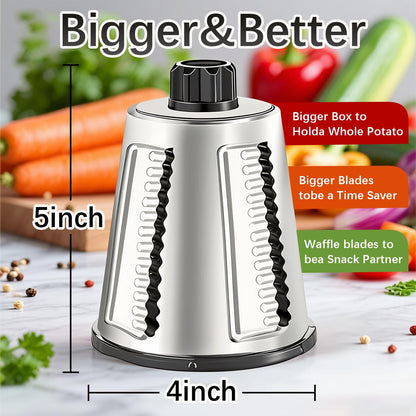 VEKAYA Rotary Cheese Grater Hand Crank with 4 Interchangeable Stainless Steel Blades, Large Manual Handle Shredder and Waffle Slicer for Vegetables, Cheese and Nuts with Table Suction Base(White Grey)