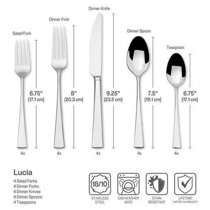 Mikasa Lucia 20-Piece Flatware Set, Service for 4, 18/10 Stainless Steel Silverware Set with Dinner Forks, Salad Forks, Knives, Spoons and Teaspoons, Dishwasher Safe