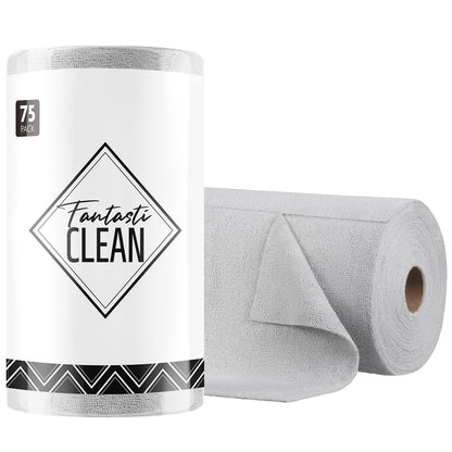 Fantasticlean Microfiber Cleaning Cloth Roll -75 Pack, Tear Away Microfiber Towels, 12" x 12", Reusable, Washable, Scratch Free, Ultra Absorbent Dishcloth for All-Around Cleaning Supplies (Grey)