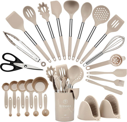 Kitchen Utensils Set 28 pcs, Hvygss Silicone Cooking Utensils with Stainless Steel Handle, Khaki