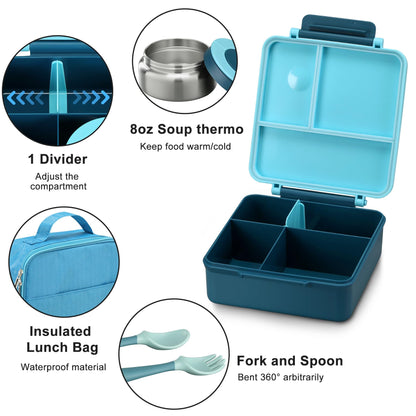 Itslife Bento Lunch Box for Kids with 8oz Soup Thermo&Lunch Bag, Leak-Proof Lunch Food Containers with 4 Compartment, Hot Food Insulated Food Jar for Kids School (Blue)