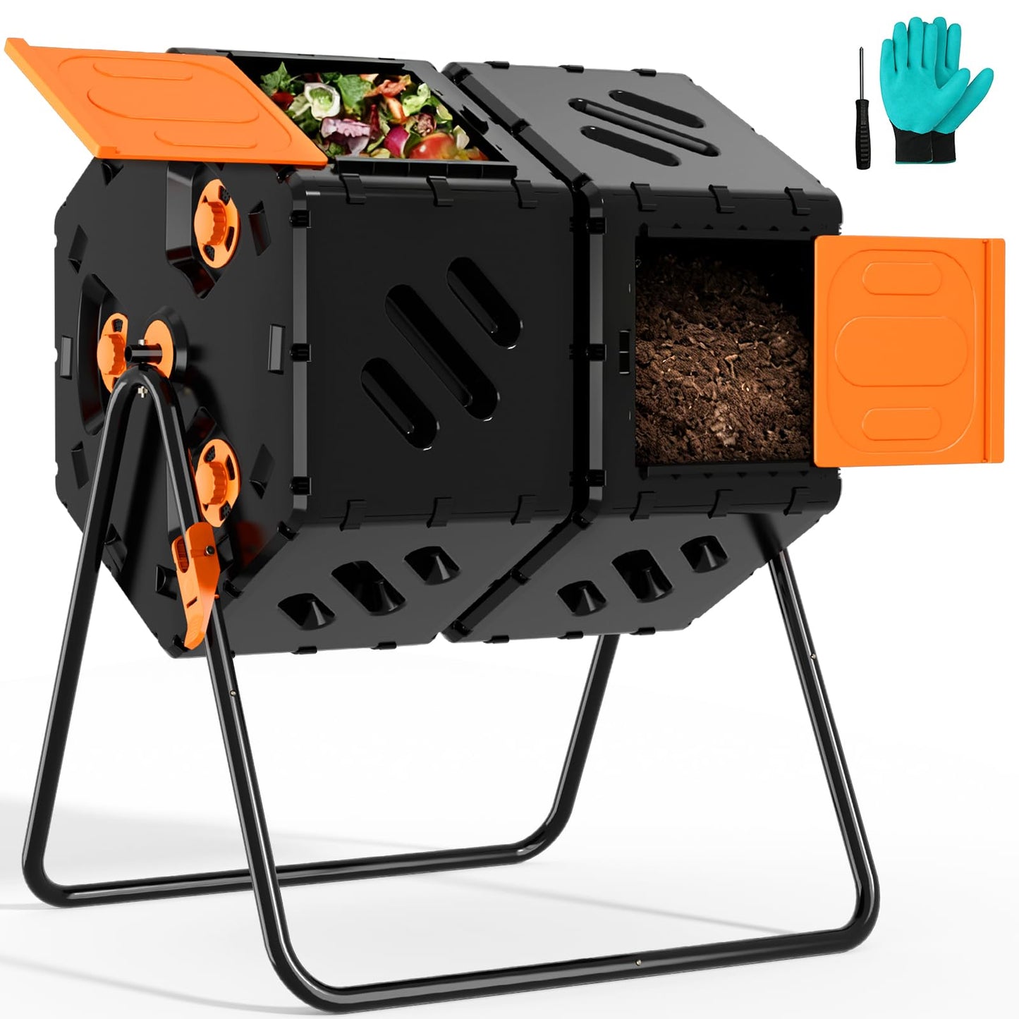 Cozurra 45 Gallon (170L) Compost Tumbler Outdoor, Dual Chamber Compost Bin with 360° Rotating Design, Adjustable Vents, Easy Assembly, Large Openings for Kitchen, Garden & Yard Waste