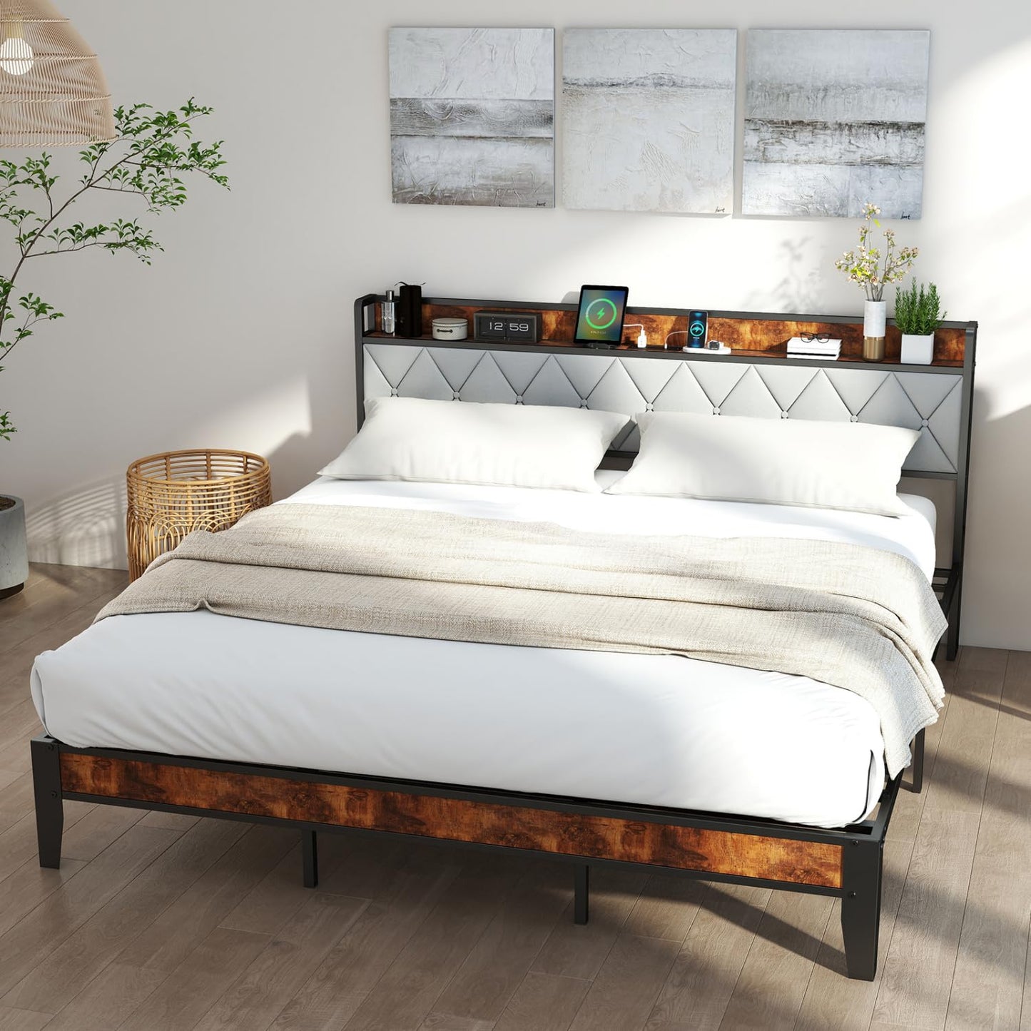 UOCFYK Queen Bed Frame, Platform Bed Frame with Storage Headboard with Charging Station, All Sturdy Metal Support, No Box Spring Needed, Easily Assemble, Grey + Brown
