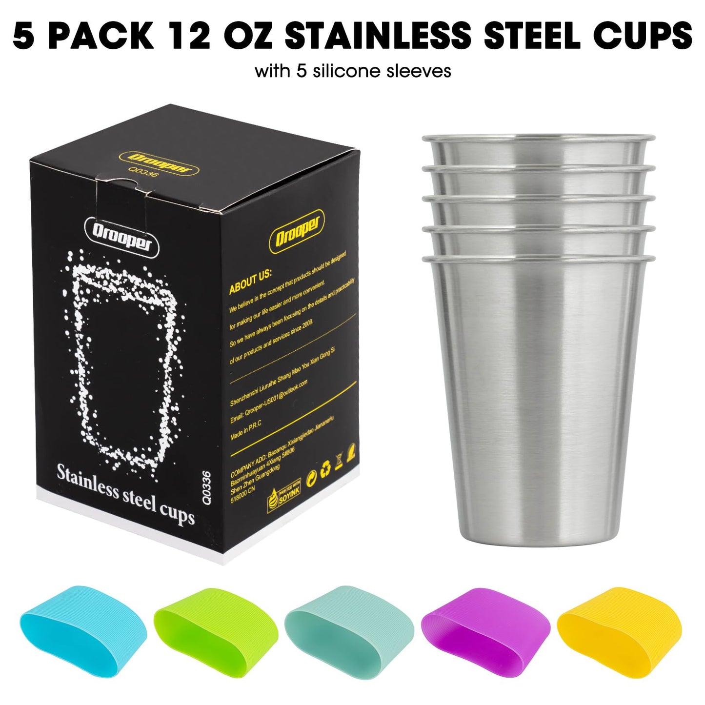 Qrooper Stainless Steel Cups, 12 Oz Metal Drinking Glasses for Kids and Adults, Metal Pint Cup Tumblers, Set of 5, Unbreakable and Stackable