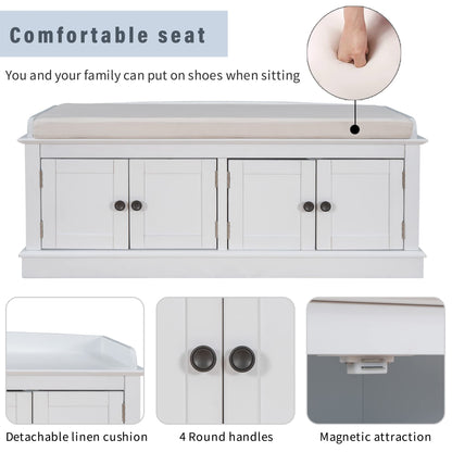 GDFStudio Jasd Storage Bench with 4 Doors and Adjustable Shelves, Removable Cushion Bench Ottoman, Solid Wood Frame Storage Ottoman, Rectangular Cabinet with Seating for Living Room Entryway, White