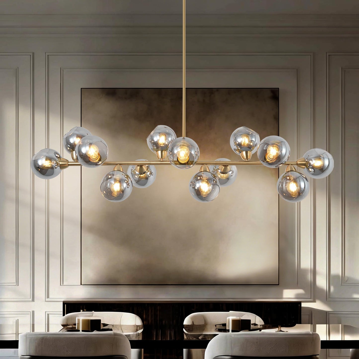 Lzawvm Linear Chandeliers Dining Room Gold Sputnik Chandelier 13-Lights Modern Glass Globe Chandelier 59 Inch 13 Lights Linear Dining Room Light Fixture