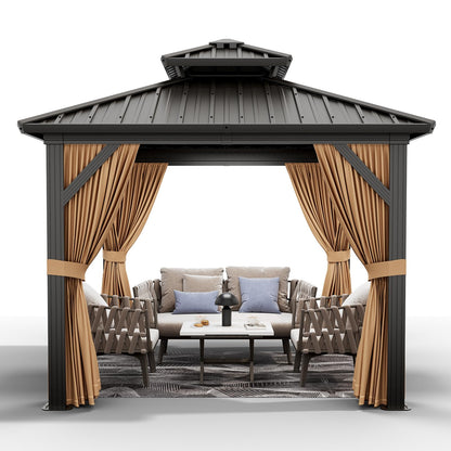 10'x10' Hardtop Gazebo, Heavy Duty Aluminum Permanent Hardtop Gazebo Outdoor Pavilion with Curtains and Netting for Garden