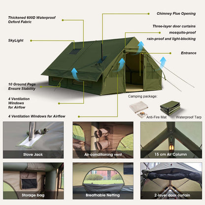 13' x 10' Inflatable Camping Tent for 8-10 Person, 4 Season Blow Up Tents with Waterproof pad, Easy Set-Up Glamping Inflatable Hot Tent with Stove Jack for Camping Adult