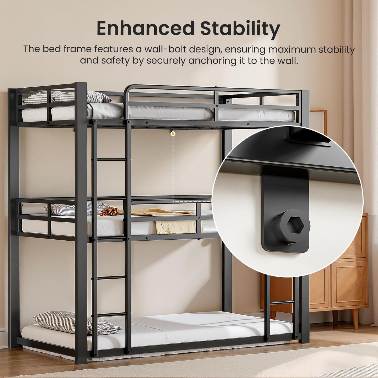Mixcous Heavy Duty Triple Bunk Bed, Twin Over Twin Over Twin Metal Bunkbeds with Ladder, Family-Friendly for All Ages, Bedroom, No Box Spring Needed, Easy Assembly, Black