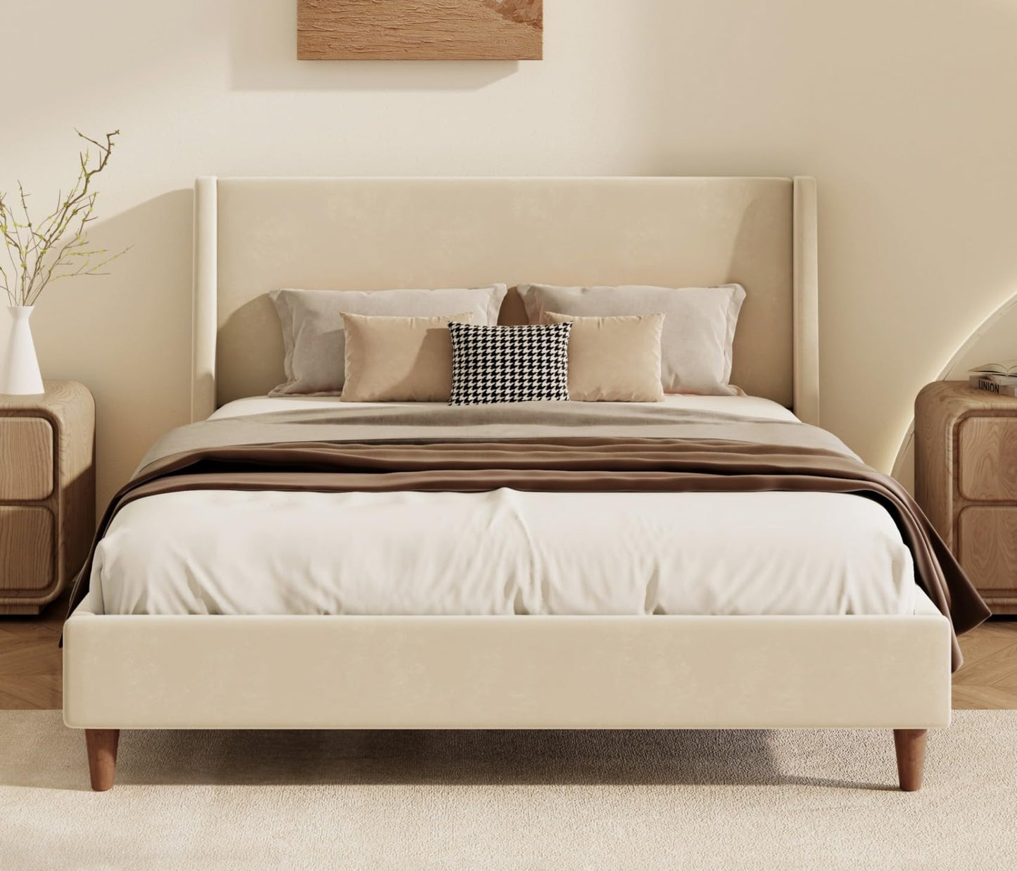 Merax Solid Wood King Size Velvet Bed Frame with Wingback Headboard, Modern Upholstered Platform with Walnut Wooden Legs, Strong Wooden Slats, No Box Spring Needed, Beige