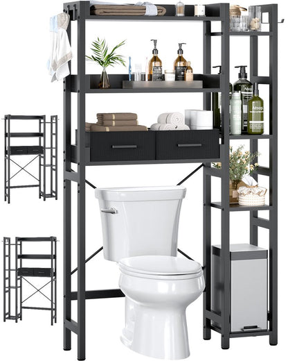 Besiost Over The Toilet Storage with 2 Drawers - 7 Tier Bathroom Organizer with Adjustable Shelf, Freestanding Space Saver Storage Rack Above Toilet Stand with 4 Hooks for Restroom, Laundry, Black