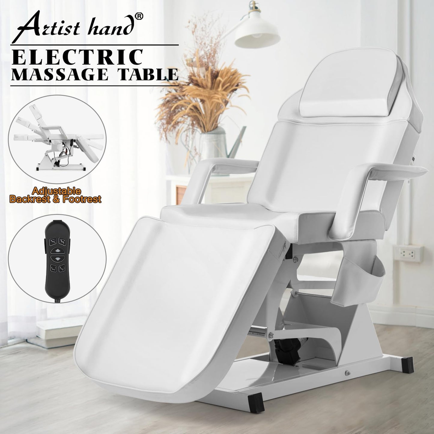 Artist hand Facial Bed for Esthetician MassageTable Beauty Bed Medical Aesthetic Tattoo Procedure Bed with 3 Motor Electrical Adjustments,White