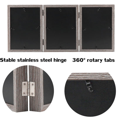 5x7 Triple Hinged Picture Frames Shadow Box MDF Wood Grey with Real Glass 3 Vertical Opening Family Lover Gift