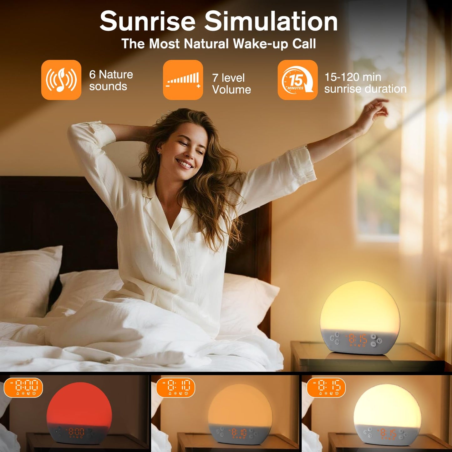 Wake up Light Sunrise Alarm Clock, Digital Alarm Clock Bedside Dimmable Night Light, White Noise Sound Machine 30 Soothing Sounds, Loud Alarm Clock for Heavy Sleepers Adults Kids, Ideal for Gift