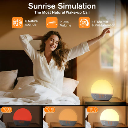 Wake up Light Sunrise Alarm Clock, Digital Alarm Clock Bedside Dimmable Night Light, White Noise Sound Machine 30 Soothing Sounds, Loud Alarm Clock for Heavy Sleepers Adults Kids, Ideal for Gift