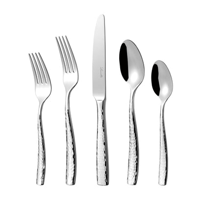 Luciella Ponza Flatware Set for 12, 65-Piece Stainless Steel Silverware Set with Serving Utensils, Timeless Hammered Design, Rust-Resistant, Mirror Polished & Dishwasher Safe, House Warming Gifts
