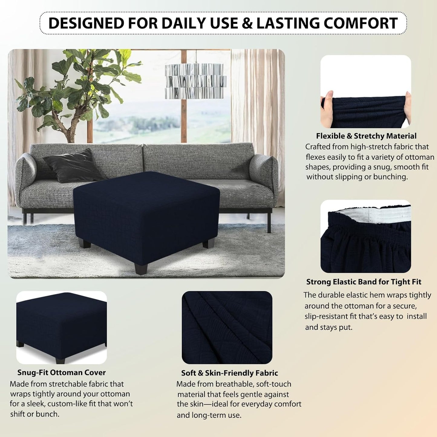 Square Ottoman Cover,Soft Stretch Jacquard Slipcover with Dual Waterproof Layers,Washable Furniture Protector