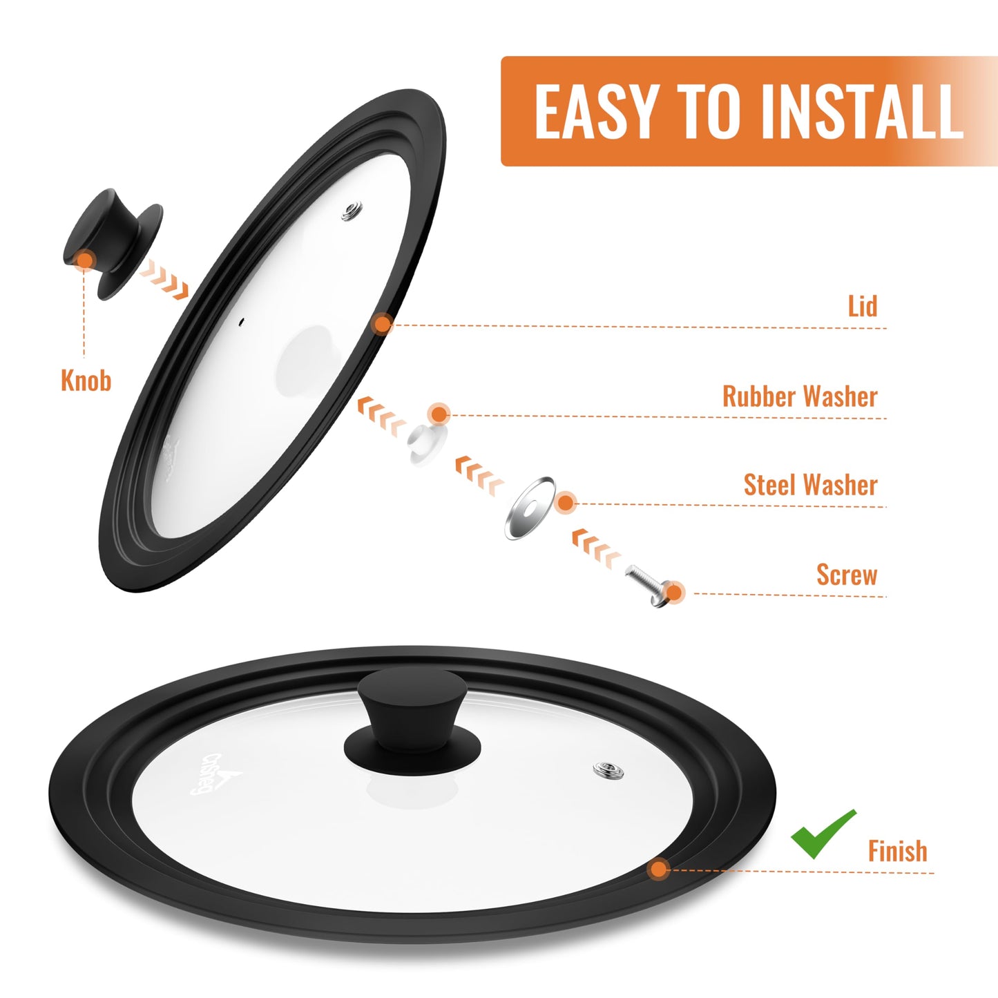 CnSneg Universal Lids for Pots, Pans and Skillets, 10.5", 11" and 12" Pan Lid, Tempered Glass Pot Lid with Silicone Rim Heat Resistant, Replacement Pan Cover for Frying, Wok, Crock Pot Lid, Black