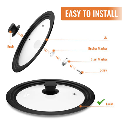 CnSneg Universal Lids for Pots, Pans and Skillets, 10.5", 11" and 12" Pan Lid, Tempered Glass Pot Lid with Silicone Rim Heat Resistant, Replacement Pan Cover for Frying, Wok, Crock Pot Lid, Black