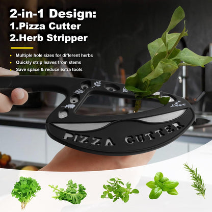 2-in-1 Pizza Cutter Rocker Blade with Herb Stripper Holes, Sharp Stainless Steel Pizza Knife with Protective Cover, Dishwasher Safe,Herb Stripping Tool for Basil,Rosemary