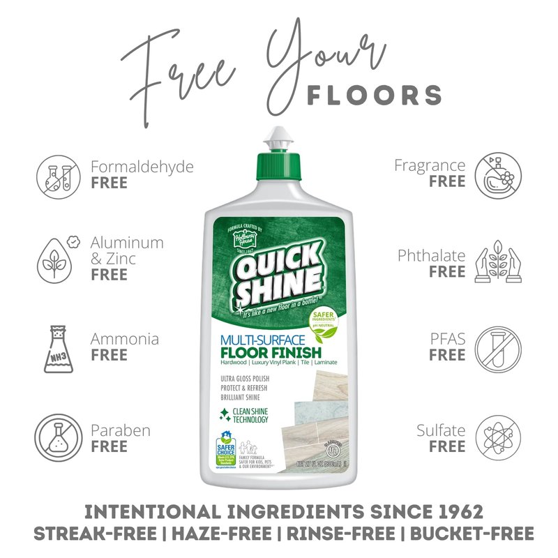 Quick Shine Multi-Surface Floor Finish-Polish 27oz-2pk | Safer Choice, No PFAS, pH Neutral Clean Shine Technology | Squirt & Spread | For Wood, Laminate, LVP, LVT, Tile & Stone | Made in USA