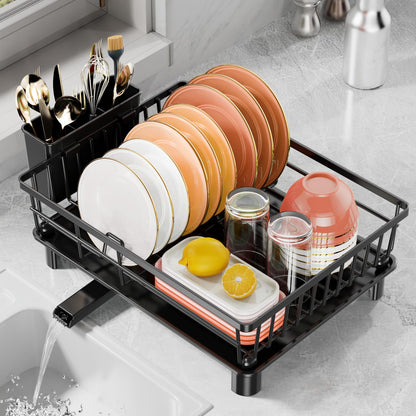 LIONONLY Dish Drying Rack for Kitchen Counter, Stainless Steel Drainer Anti Rust, Smart Drainage System Drainboard with Detachable Cutlery Holder, Handwash Dish Helper for Home, Apartment Space Saving