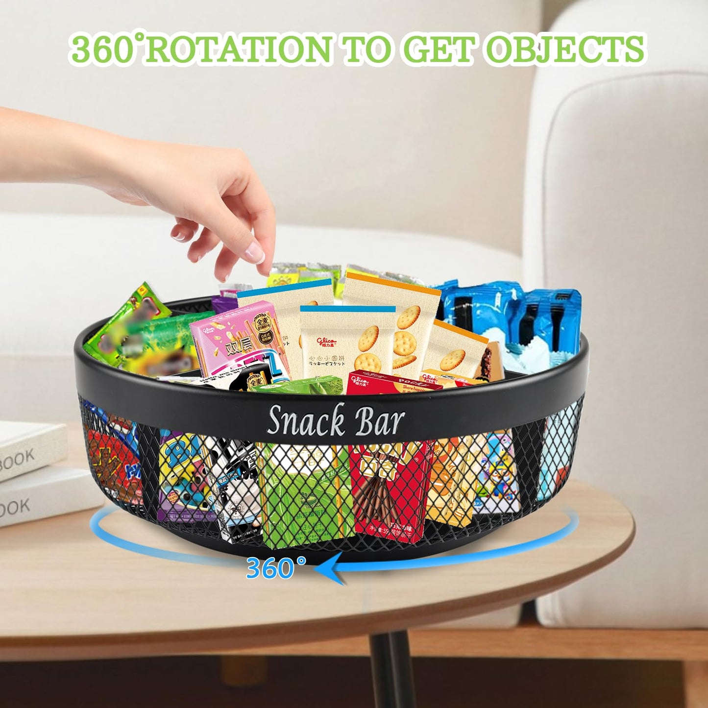 Xbopetda Snack Organizer for Countertop, Metal Turntable Organizer with Divider, 4 Compartment Snack Storage Spinning Snack Tray, Lazy Susan Snack Spinner for Snack Bar Organizer Pantry Storage-Black