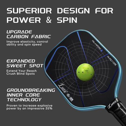 Luzz Pickleball Paddle, Thermoformed Blue Blaze Inferno 3D Grooved Carbon Fiber Pickleball Paddles Microporous Polymer Core Exceptional Spin and Power 16mm Composite Pickle Ball Rackets for Players