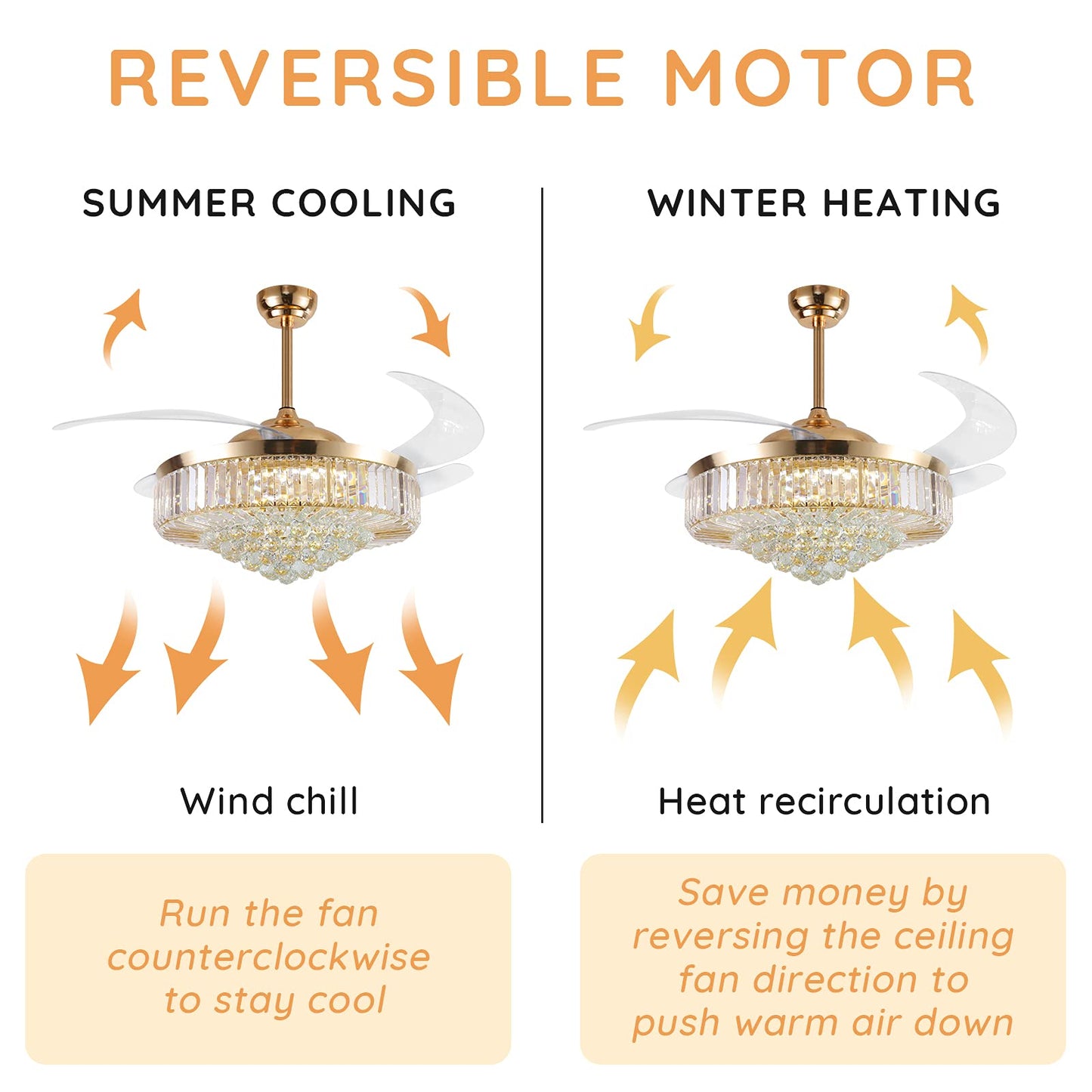 MOOONICHE 52 Inch Crystal Ceiling Fan with Light and Remote Modern Dimmable Fandelier Invisible Retractable Chandelier Fan Gold for Bedroom Living Room
