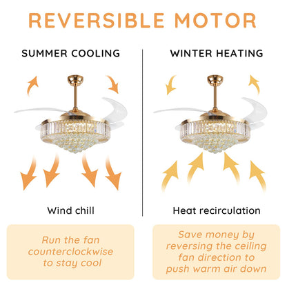 MOOONICHE 52 Inch Crystal Ceiling Fan with Light and Remote Modern Dimmable Fandelier Invisible Retractable Chandelier Fan Gold for Bedroom Living Room
