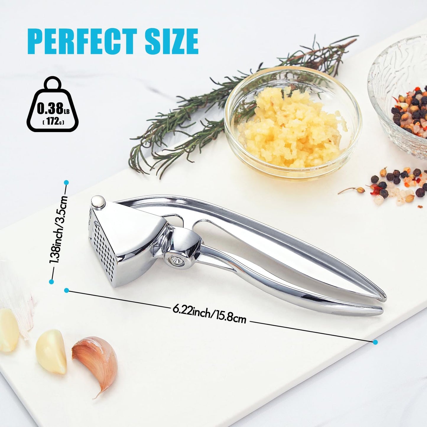 COKORA Garlic Press, Premium Kitchen Metal Garlic Crusher Masher Tool, Rust Proof & Dishwasher Safe, Heavy Duty Professional Garlic Mincer with Ergonomic Handle, Easy to Squeeze and Clean -Silver