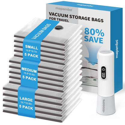 Mapambo Travel Vacuum Bags with -60000Pa LED Electric Pump, 15 Pack Vacuum Seal Bags for Clothing Travel in 3 Combo sizes, Space Saver Vacuum Storage Bags, Saving up to 80% of Space (15 Combo Size)
